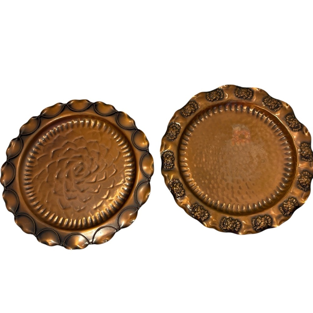 Vintage Copper Plates GREGORIAN USA 9.5” Wall Hooks Rosette & Rope / Sunflowers